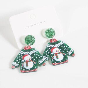 NWT Ugly Christmas Sweater Earrings - Green Glitter & Snowman Dangles